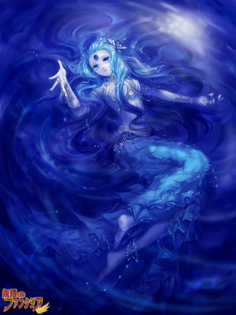 1girl anklet armlet barefoot bindi blue_eyes blue_hair blue_theme bracelet dress feet female_focus hair_ornament jewelry kuroba_k long_hair lying matching_hair/eyes mugen_no_fantasia non-web_source solo surreal water