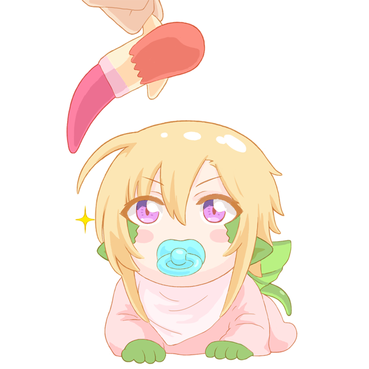 1girl aged_down baby bandana blonde_hair blush blush_stickers child colored_eyelashes disembodied_hand doll draco_(monster_musume) dragon_girl eyes_visible_through_hair female_focus full_body glint holding long_sleeves looking_up lying miia_(monster_musume) monster_girl monster_musume_no_iru_nichijou mouth_hold on_stomach pacifier pointy_ears purple_eyes scales short_hair shpo simple_background solo tail toy transparent_background wings