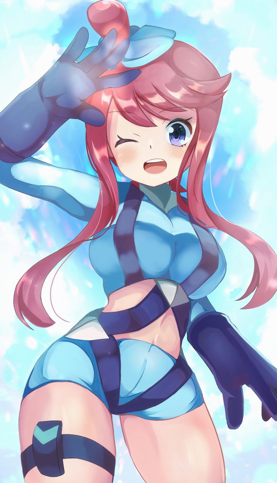 1girl ;o arm_up blue_gloves blue_jacket blue_shorts blue_sky breasts cowboy_shot crop_top cropped_jacket gloves hair_ornament hand_up highres impossible_clothes impossible_jacket jacket large_breasts light_blush long_bangs long_sleeves looking_at_viewer midriff nintendo one_eye_closed one_side_up open_mouth pokemon pokemon_bw pouch purple_eyes red_hair shiny_skin short_hair short_hair_with_long_locks short_shorts shorts sidelocks sky skyla_(pokemon) solo standing suspenders swept_bangs teeth thigh_pouch thigh_strap thighs tongue turtleneck umiru upper_teeth_only