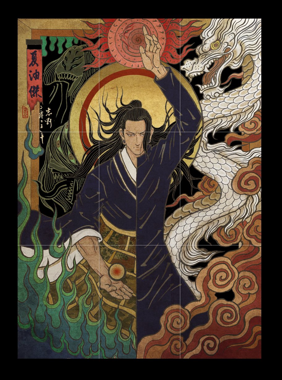 1boy arm_up black_hair black_kimono chien_chih_kang demon dragon earlobe_stretcher eastern_dragon feet_out_of_frame fine_art_parody fire frown getou_suguru highres ink_wash_painting japanese_clothes jujutsu_kaisen kimono long_hair looking_at_viewer magic male_focus nihonga parody ponytail smoke traditional_media ukiyo-e wide_sleeves