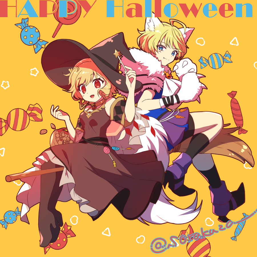 2girls :d animal_ear_fluff animal_ears animal_hands black_hat blonde_hair blue_eyes breasts broom broom_riding brown_dress candy cat_ears citrinne_(fire_emblem) claws commentary_request dot_nose dress fang fang_out fire_emblem fire_emblem_engage food gloves halloween halloween_costume happy_halloween hat kemonomimi_mode looking_at_viewer merrin_(fire_emblem) multiple_girls nintendo open_mouth paw_gloves red_eyes smile sorakaza star_(symbol) witch_hat yellow_background