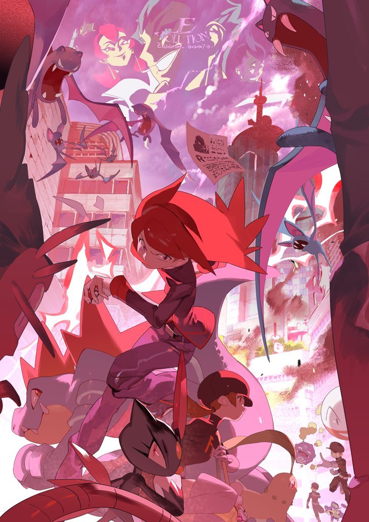 archer_(pokemon) ariana_(pokemon) artist_logo artist_name battle black_hat black_shirt boots brown_hair chikorita city e_volution feraligatr gen_1_pokemon gen_2_pokemon golbat hat jacket koffing logo long_hair low_twintails lyra_(pokemon) nintendo petrel_(pokemon) pokemon pokemon_(creature) pokemon_hgss rattata red_jacket shirt silver_(pokemon) smoke sneasel team_rocket team_rocket_grunt team_rocket_uniform thigh_boots twintails zubat