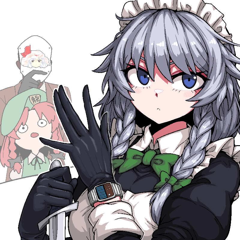 1other 2girls apron black_dress black_gloves blue_eyes braid character_mask closed_mouth collared_shirt dress formicid gloves green_dress green_headwear grey_hair hair_between_eyes hat hat_ornament holding holding_knife hong_meiling izayoi_sakuya knife korean_commentary long_hair maid maid_apron maid_headdress mask multiple_girls official_art_inset red_hair red_spy_(tf2) remilia_scarlet revision shirt short_hair simple_background spy_(tf2) star_(symbol) star_hat_ornament team_fortress_2 touhou twin_braids watch white_apron white_background white_shirt wristwatch zun_(artist)