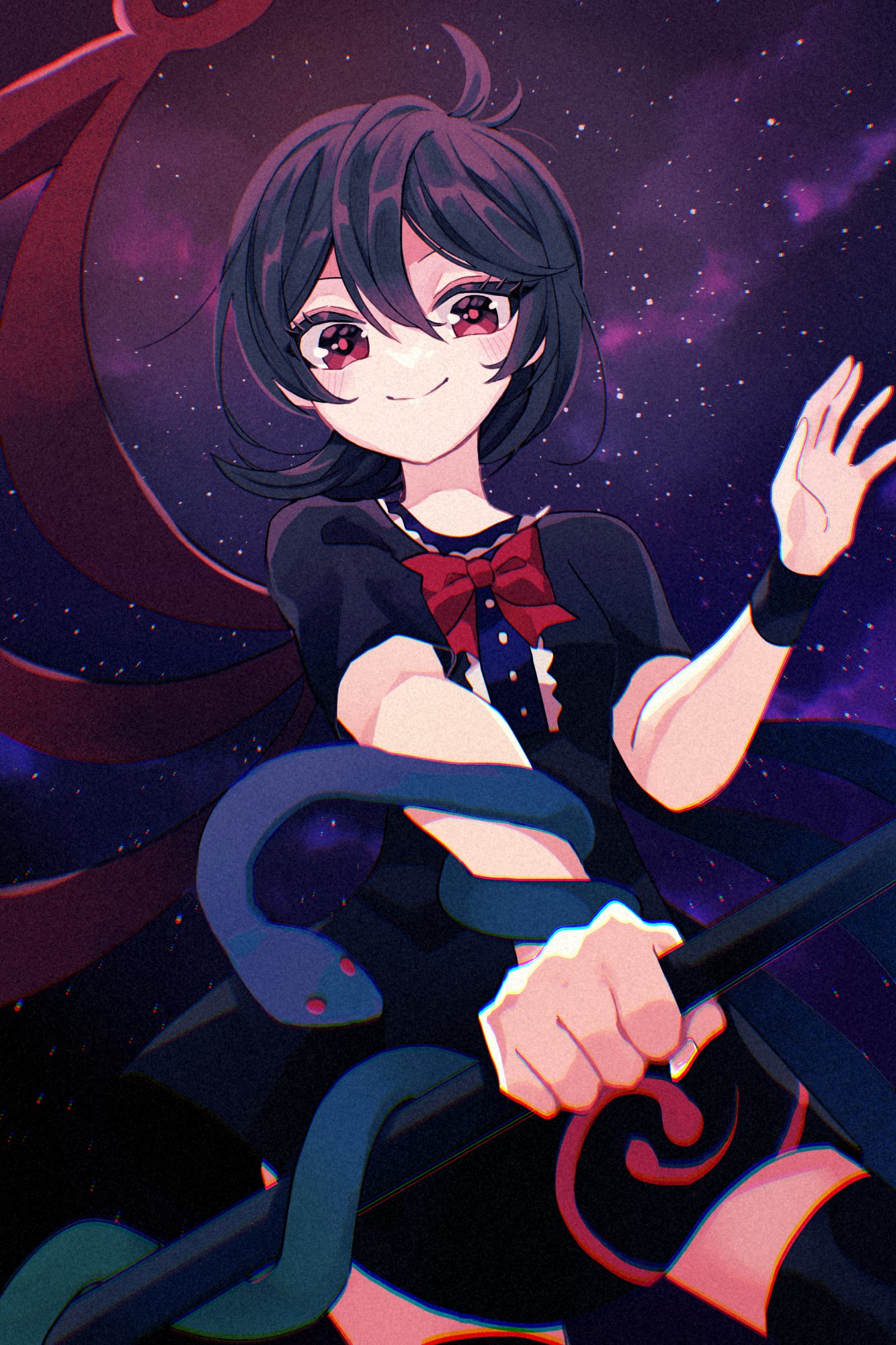 1girl ahoge asymmetrical_wings black_dress black_hair black_thighhighs blue_wings bow bowtie breasts closed_mouth commentary_request cowboy_shot dress galaxy happy highres holding holding_polearm holding_weapon houjuu_nue katsuragi_atori looking_at_viewer medium_hair polearm red_bow red_bowtie red_eyes red_wings short_dress short_sleeves sky small_breasts smile snake solo star_(sky) starry_sky thighhighs tomoe_(symbol) touhou weapon wings zettai_ryouiki