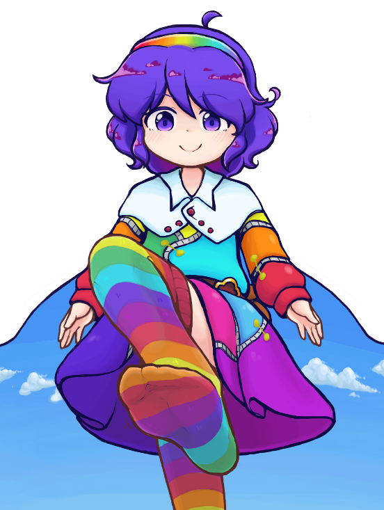 1girl ahoge belt brown_belt closed_mouth cloud_print commentary dress english_commentary feet foot_focus hair_between_eyes hairband keb00b light_blush long_sleeves looking_at_viewer multicolored_dress multicolored_hairband no_shoes patchwork_clothes print_cloak purple_eyes purple_hair rainbow_gradient rainbow_hairband rainbow_thighhighs short_hair simple_background sky_print smile socks soles solo standing standing_on_one_leg tenkyuu_chimata thighhighs touhou transparent_background