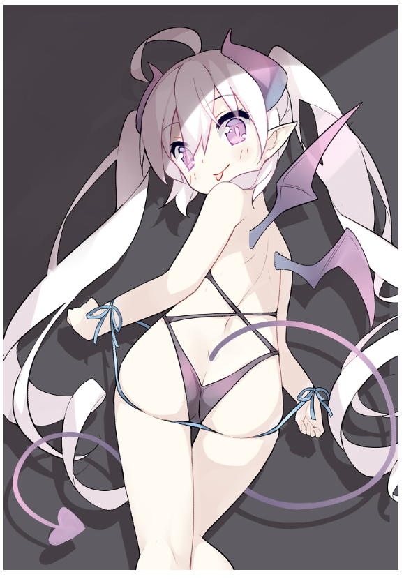 10s 1girl :p ass bare_back butt_crack child demon_girl demon_horns demon_tail demon_wings dungeon_ni_deai_wo_motomeru_no_wa_machigatteiru_darou_ka female_focus from_behind horns long_hair looking_at_viewer looking_back mofetousu_furuna original pointy_ears purple_eyes rei_no_himo saru sketch smile solo tail tongue tongue_out twintails very_long_hair white_hair wings you&#039;re_doing_it_wrong