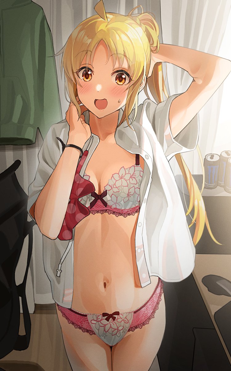 1girl ahoge arm_up blonde_hair blush bocchi_the_rock! bow bow_panties bra breasts breasts_apart brown_eyes cable_tie clothes_hanger collarbone commentary_request curtains detached_ahoge energy_drink hair_ornament hair_scrunchie hand_in_own_hair hand_up highres ijichi_nijika indoors long_hair looking_at_viewer monster_energy navel open_clothes open_mouth open_shirt panties parted_bangs pink_bra pink_panties product_placement scrunchie shirt side_ponytail sidelighting small_breasts solo stomach surprised sweatdrop tipii underwear white_shirt yellow_scrunchie