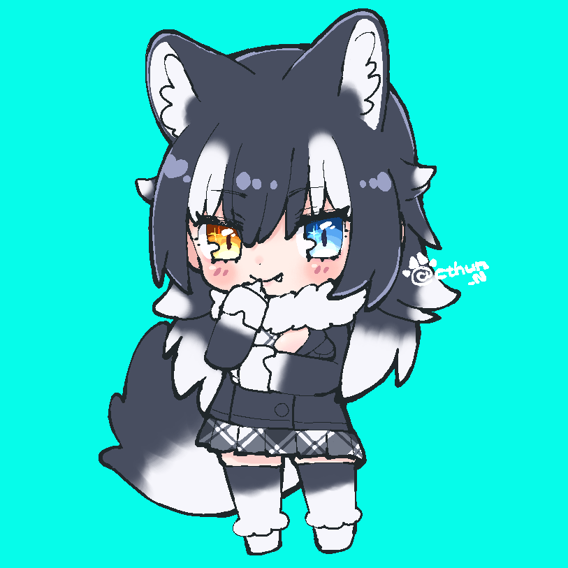 1girl animal_ears black_hair blazer blue_background blue_eyes cthun_n extra_ears fang full_body gloves grey_wolf_(kemono_friends) heterochromia jacket kemono_friends kneehighs long_hair looking_at_viewer multicolored_hair necktie scarf shoes skirt socks solo tail two-tone_hair white_hair wolf_ears wolf_girl wolf_tail yellow_eyes