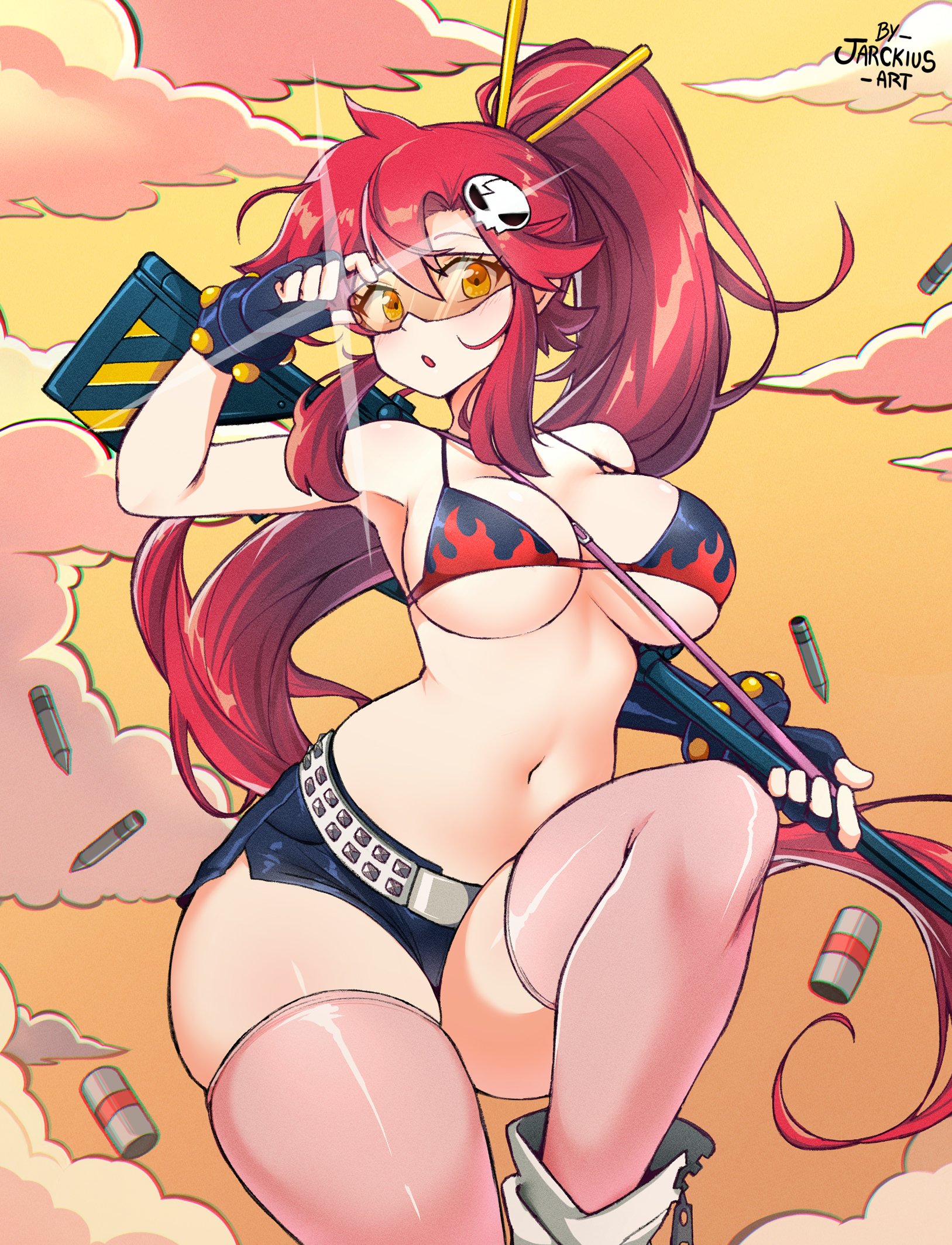 1girl :o adjusting_eyewear artist_name between_breasts bikini bikini_top_only boots breasts bullet cleavage cloud commentary english_commentary floating_hair glint gun hair_ornament hand_on_eyewear high_ponytail highres holding holding_gun holding_weapon jarckius large_breasts long_hair navel open_mouth orange-tinted_eyewear paid_reward_available pink_theme ponytail red_hair rifle scarf shell_casing skindentation skull_hair_ornament sky smoke sniper_rifle solo stomach strap_between_breasts sunglasses swimsuit tengen_toppa_gurren_lagann thighhighs thighs tinted_eyewear underboob very_long_hair weapon white_boots yellow_eyes yellow_sky yoko_littner