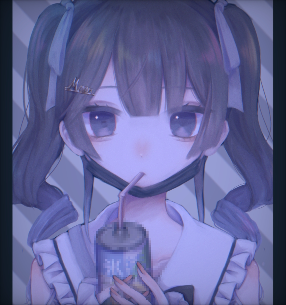 1girl border drinking eyelashes hair_ornament long_hair looking_at_viewer mask mask_pull mi_oxo_9m mouth_mask nijisanji pixelated solo striped_background tsukino_mito twintails upper_body virtual_youtuber