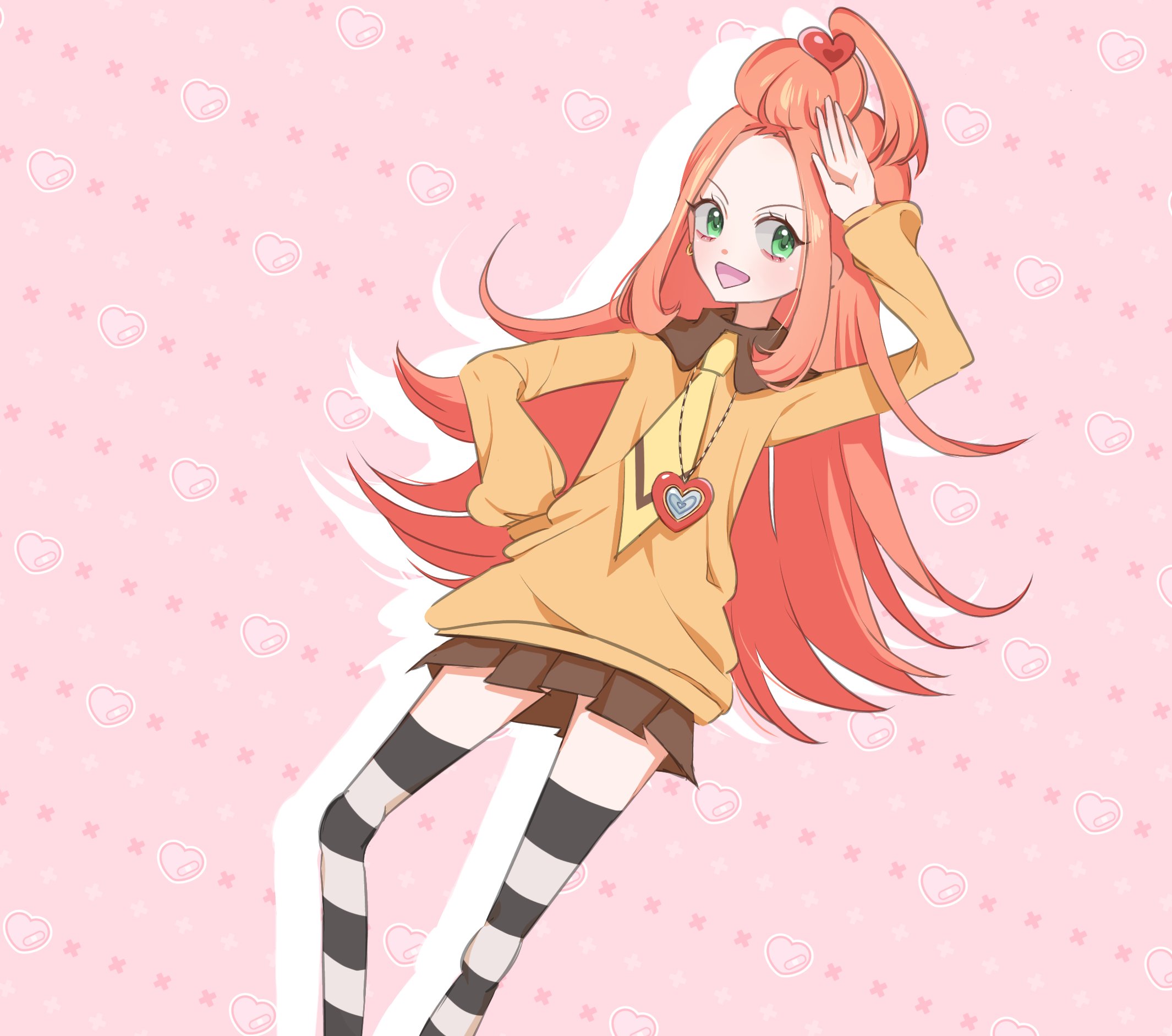 1girl chocolat_meilleure feet_out_of_frame gmddldi green_eyes half_updo hand_on_own_hip hashtag-only_commentary heart_pendant highres long_hair looking_at_viewer necktie orange_hair pink_background school_uniform skirt smile solo striped_clothes striped_thighhighs sugar_sugar_rune thighhighs