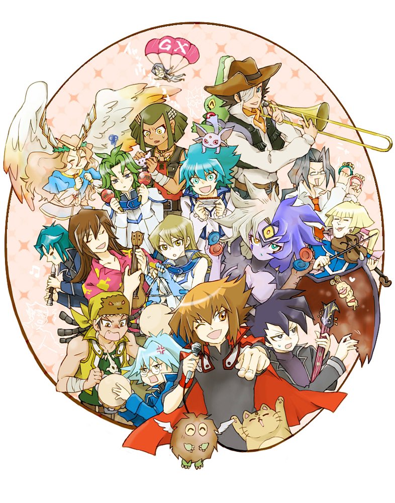 anniversary austin_o&#039;brien castanets crocodile crocodilian cronos_de_medici crystal_beast_ruby_carbuncle daitokuji demon_girl duel_academy_uniform_(yu-gi-oh!_gx) duel_monster edo_phoenix everyone fluffy_hair flute fujiwara_yuusuke gotcha! guitar harmonica holding holding_instrument honest_(yu-gi-oh!) instrument jim_crocodile_cook johan_andersen long_hair manjoume_jun maracas marufuji_ryo marufuji_sho microphone music ojama_yellow parachute pharaoh_(cat) playing_instrument pokemon spiked_hair tambourine tenjouin_asuka tenjouin_fubuki tk_kjk_kndr triangle_(instrument) trombone tyranno_kenzan violin winged_kuriboh yu-gi-oh! yu-gi-oh!_gx yubel yuki_judai