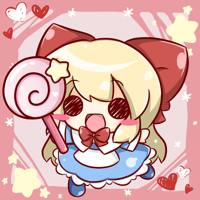 1girl blonde_hair blush bow candy chibi food hair_bow heart lollipop long_hair open_mouth pink_background ribbon ritateo shanghai_doll smile solid_circle_eyes star_(symbol) touhou