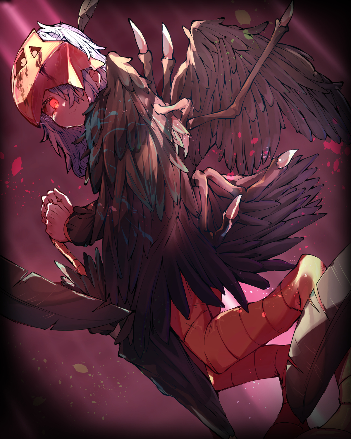 1girl angela_(project_moon) black_feathers black_swan_(e.g.o) black_wings blue_hair cymlim dream_of_a_black_swan e.g.o_(project_moon) feathered_wings feathers hair_over_one_eye helmet highres holding holding_umbrella library_of_ruina long_hair long_sleeves project_moon red_eyes sidelocks solo talons umbrella wings