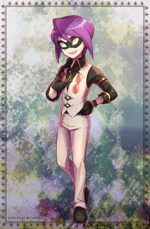 1boy black_footwear black_gloves cosplay domino_mask full_body gloves hand_on_own_hip male_focus mask nintendo official_alternate_costume pokemon pokemon_hgss pokemon_masters_ex purple_hair raihan_(anniversary_2022)_(pokemon) raihan_(pokemon) raihan_(pokemon)_(cosplay) ratowa red-tinted_eyewear solo standing tinted_eyewear unworn_eyewear will_(pokemon)