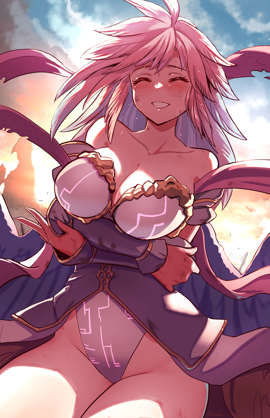 1girl bare_shoulders blue_wings breasts cleavage closed_eyes collarbone commentary_request cowboy_shot crossed_arms fujioka_yatsufusa gabriel_(granblue_fantasy) granblue_fantasy highres large_breasts leotard long_hair outdoors pink_hair post_guild_war_celebration signature sky smile solo teeth torn white_leotard wings