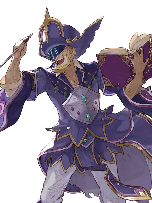 1boy beard blonde_facial_hair blonde_hair book coat dragalia_lost facial_hair hat holding holding_book kleimann male_focus mask mature_male open_mouth purple_coat purple_hat short_hair simple_background solo teeth ve_0ekaki veins veiny_arms white_background