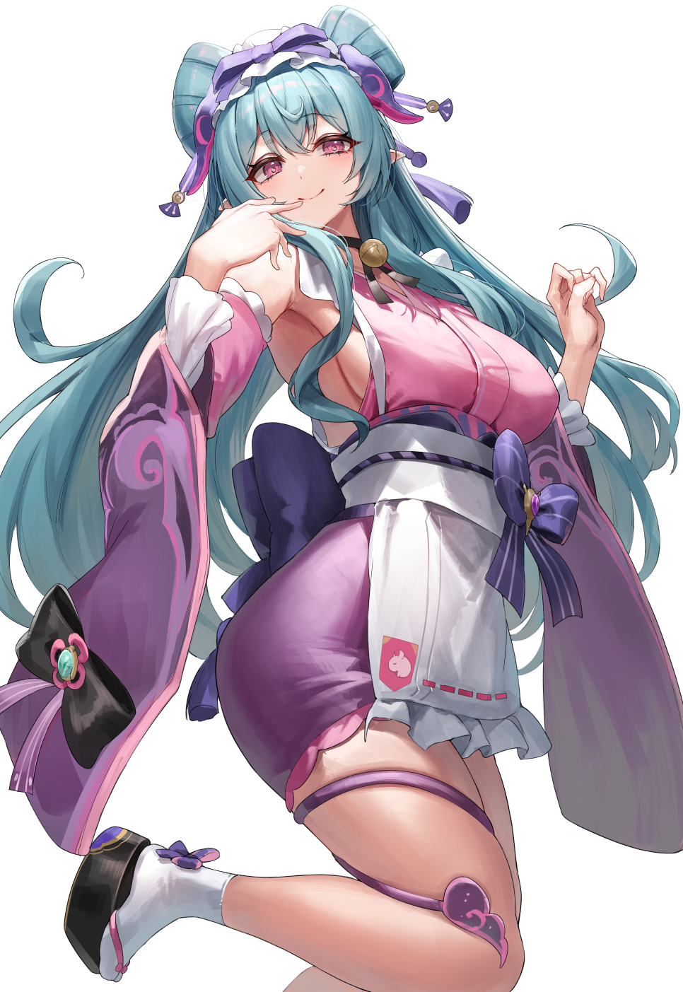 1girl blue_hair breasts detached_sleeves finger_to_mouth genshin_impact hands_up highres japanese_clothes kimono large_breasts leg_up long_hair looking_at_viewer maid nihongami obi_bow okobo pink_eyes pink_kimono platform_sandals pointy_ears purple_tail sandals sash sideboob sleeve_bow sleeveless sleeveless_kimono smile socks solo tail tapir_tail wa_maid white_sash white_socks yamanokami_eaka yumemizuki_mizuki