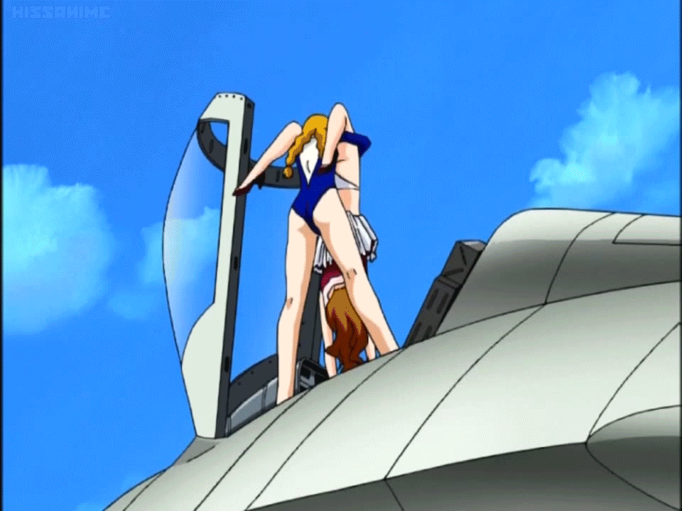 2girls aircraft airplane animated animated_gif ass ass_grab blue_sky brown_hair clothes_lift day dress high_heels jet katsuragi_azusa legs leotard lower_body multiple_girls najica_dengeki_sakusen panties skirt skirt_lift sky stuck thighs underwear upside-down white_panties