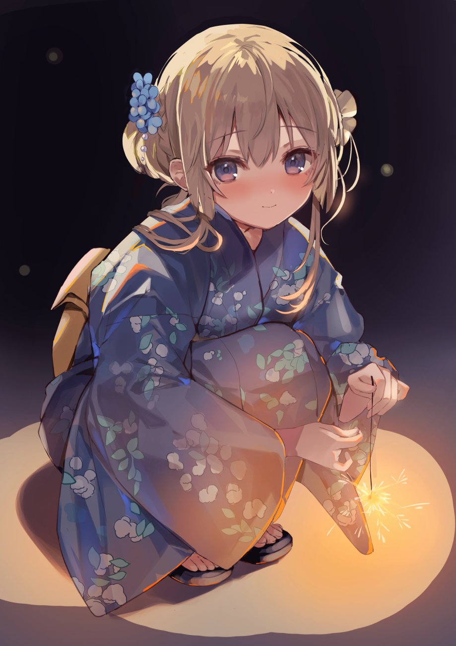 1girl blonde_hair blue_eyes blue_flower blue_kimono blush closed_mouth fireworks floral_print floral_print_kimono flower hair_flower hair_ornament highres holding holding_fireworks japanese_clothes kanda_done kimono looking_at_viewer medium_hair original print_kimono sandals sidelocks sitting smile solo sparkler