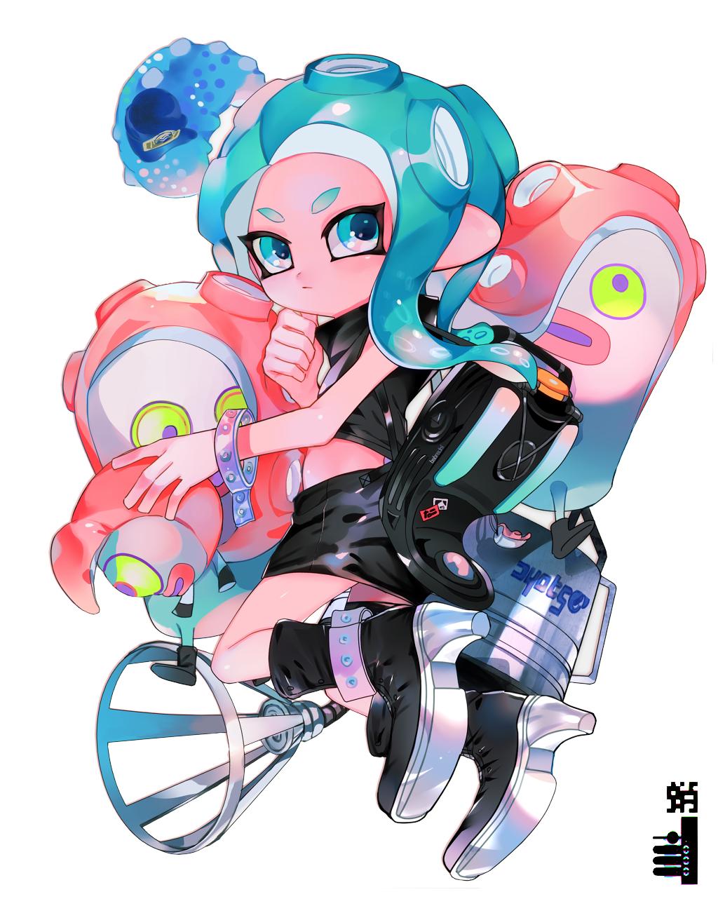 1girl agent_8_(splatoon) anklet backpack bag bag_charm black_bag black_boots black_shirt black_skirt blue_eyes blue_hair boots c.q._cumber_(splatoon) charm_(object) clenched_hand closed_mouth commentary_request creature crop_top full_body high_heel_boots high_heels highres holding holding_creature jewelry long_hair midriff nintendo octarian_(enemy) octoball octoling octoling_girl octoling_player_character octotrooper parted_bangs pencil_skirt shirt simple_background skirt solo splatoon_(series) splatoon_2 splatoon_2:_octo_expansion suction_cups tentacle_hair white_background wristband yoshida_(ne)