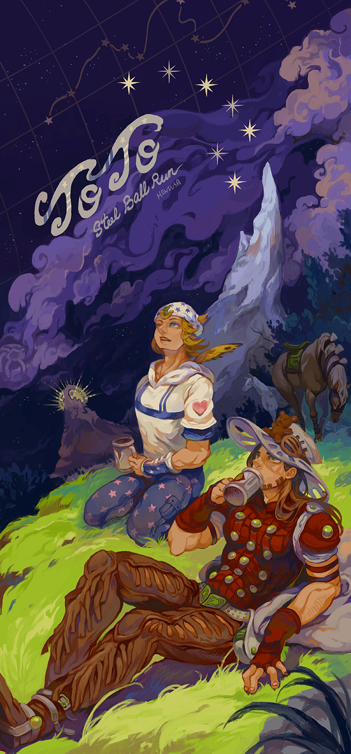 2boys big_dipper blonde_hair brown_hair chaps cup drinking gyro_zeppeli highres horse johnny_joestar jojo_no_kimyou_na_bouken meniusa meniusa_lau mountain mug multiple_boys sitting steel_ball_run