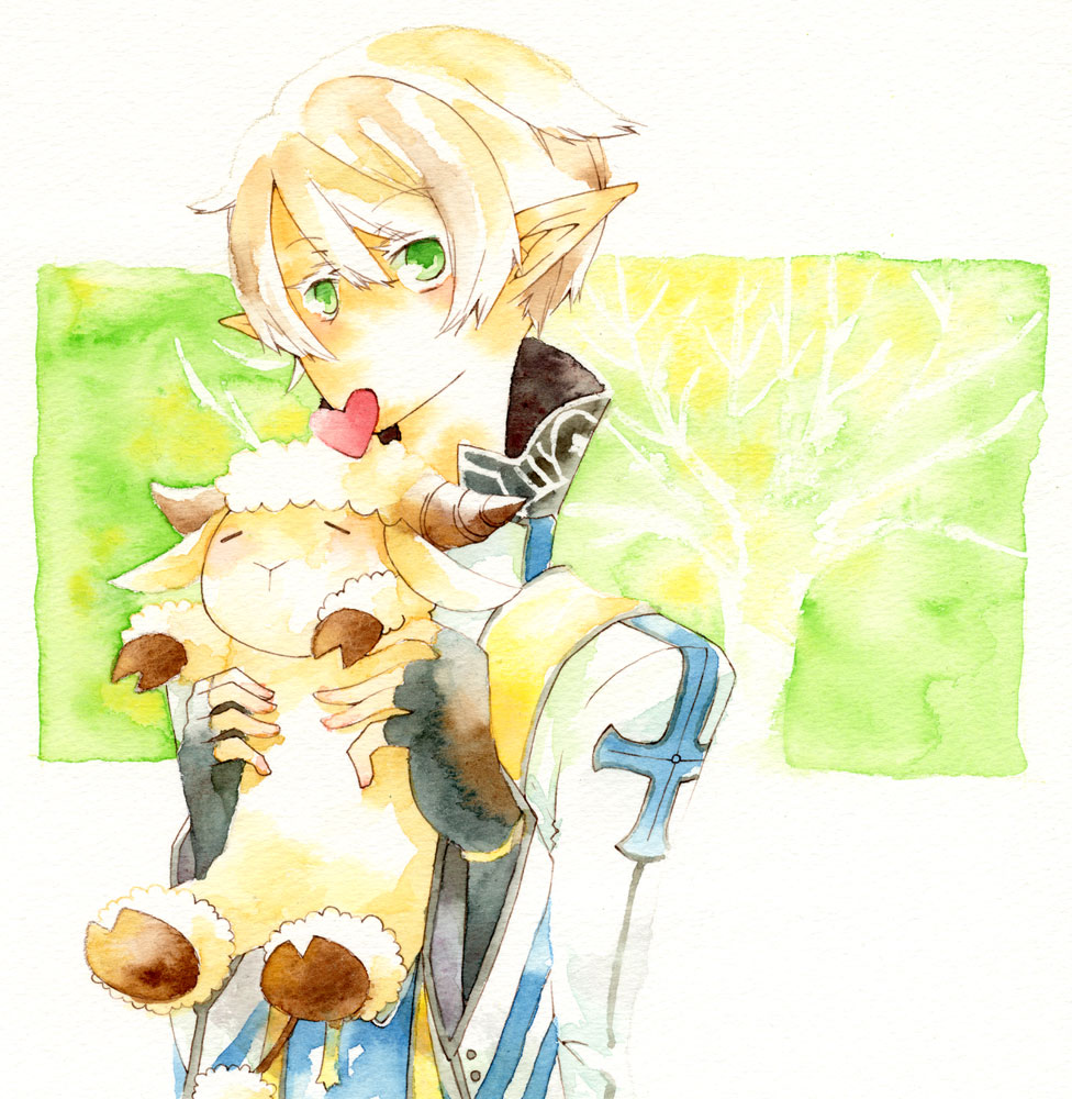 1boy amistr_(ragnarok_online) animal arch_bishop_(ragnarok_online) black_gloves blonde_hair commentary_request fingerless_gloves gloves green_background green_eyes hair_between_eyes heart holding holding_animal jacket looking_at_viewer male_focus pointy_ears ragnarok_online sansaro sheep short_hair solo upper_body white_background white_jacket