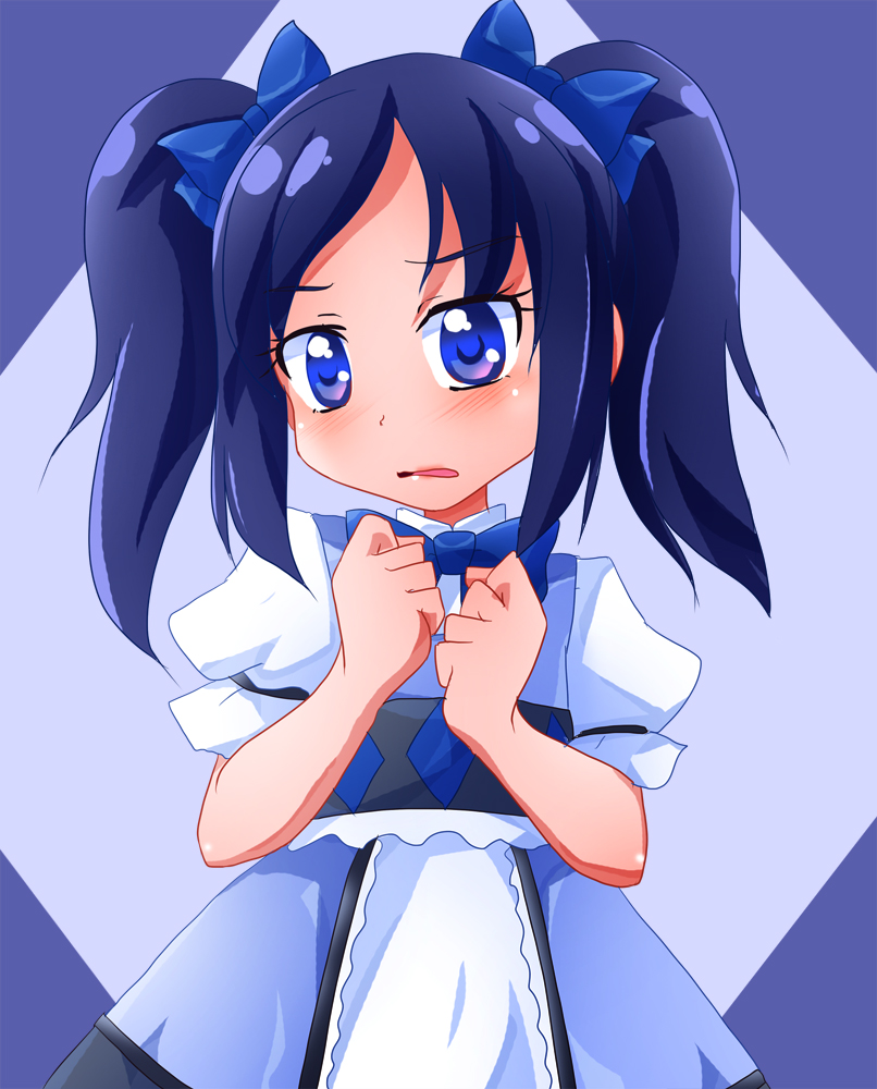 aged_down argyle_background blue_dress blue_hair blue_ribbon blush dokidoki!_precure dress hair_ribbon hishikawa_rikka long_hair looking_at_viewer precure ribbon shirt shishinon sleeveless sleeveless_dress twintails upper_body white_shirt