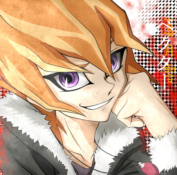 1boy coat grin happy jewelry male_focus necklace orange_hair purple_eyes shingetsu_rei smile vector_(yu-gi-oh!) yu-gi-oh!