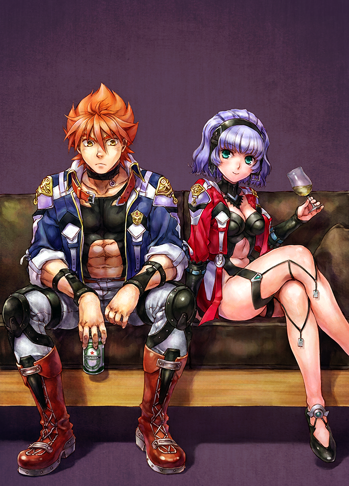 1boy 1girl abs aqua_centolm black_footwear blue_jacket boots breasts brown_footwear can closed_mouth clothing_cutout collar crossed_legs cup drinking_glass eyebrows full_body green_eyes hairband holding hugo_medio jacket knee_boots knee_pads large_breasts legs light_purple_hair long_sleeves looking_at_viewer nakamura_kanko navel_cutout open_clothes open_jacket orange_hair purple_background red_footwear red_jacket shoes short_hair silver_hair simple_background sitting smile spread_legs strap super_robot_wars super_robot_wars_mx super_robot_wars_original_generation thigh_strap thighs wine_glass wing_collar yellow_eyes