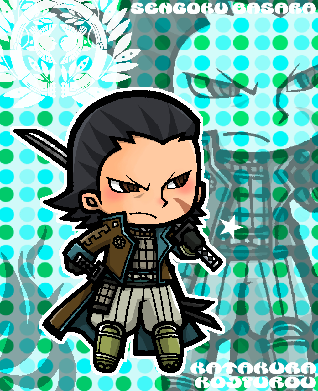 1boy aqua_background black_gloves black_hair brown_coat brown_eyes character_name chibi chibi_only coat copyright_name facial_scar frown full_body gloves grey_pants hair_slicked_back hate0318 highres holding holding_sword holding_weapon katakura_kojuurou_(sengoku_basara) katana looking_to_the_side male_focus outline over_shoulder pants polka_dot polka_dot_background scar scar_on_cheek scar_on_face sengoku_basara short_hair solo standing sword v-shaped_eyebrows weapon weapon_over_shoulder white_outline zoom_layer