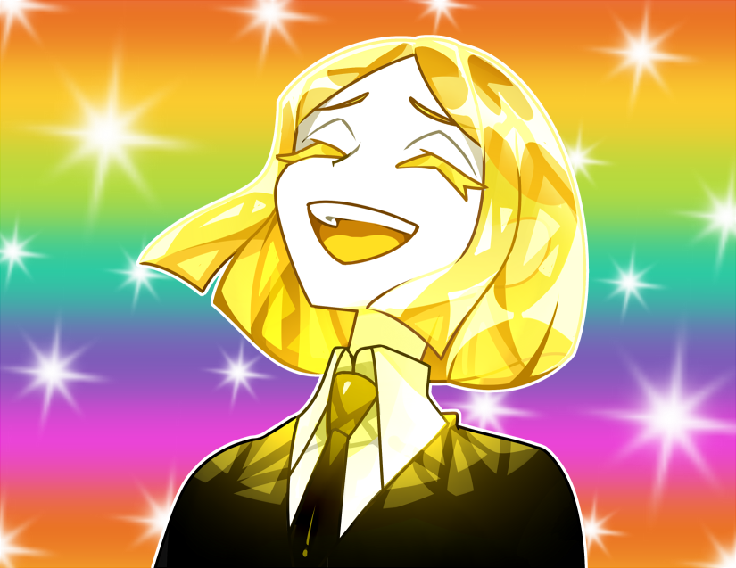 1other :d bishie_sparkle black_jacket black_necktie blonde_hair collared_shirt colored_eyelashes commentary crystal_hair english_commentary eyelashes fabulous_secret_powers_(meme) he-man houseki_no_kuni jacket masters_of_the_universe meme necktie open_mouth other_focus parody rainbow_gradient shirt smile socky solo sparkle staysocky upper_body white_shirt wing_collar yellow_diamond_(houseki_no_kuni)