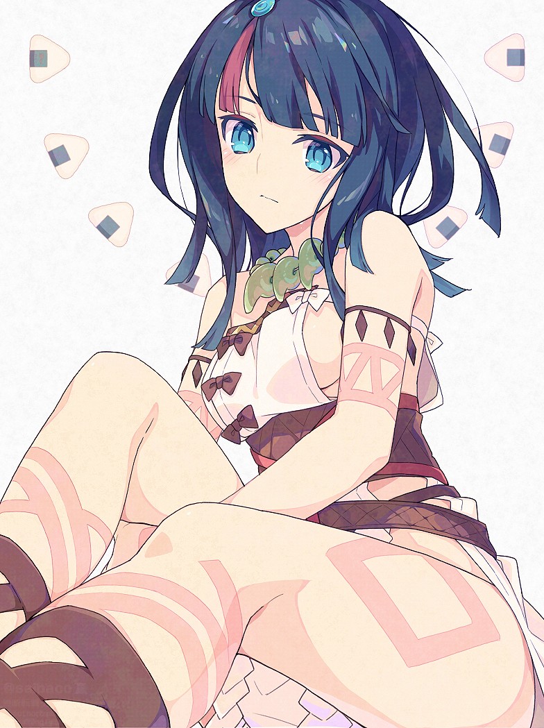 1girl bare_shoulders black_hair blue_eyes blush body_markings breasts collarbone cosplay dress fate/grand_order fate_(series) food hair_ornament himiko_(fate) himiko_(fate)_(cosplay) himiko_(first_ascension)_(fate) jewelry large_breasts looking_at_viewer magatama magatama_hair_ornament magatama_necklace medium_hair multicolored_hair necklace onigiri pink_hair saipaco sash side_slit sideboob sidelocks solo streaked_hair thighs utsumi_erice utsumi_erice_(lancer) variant_set white_background white_dress