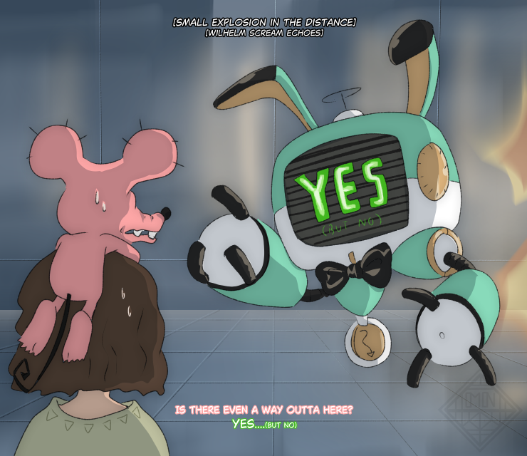 animal_ears brown_hair digimon english_text fake_screenshot floating guidemon looking_at_another monitor morgannox pink_fur rabbit_ears tail tyumon