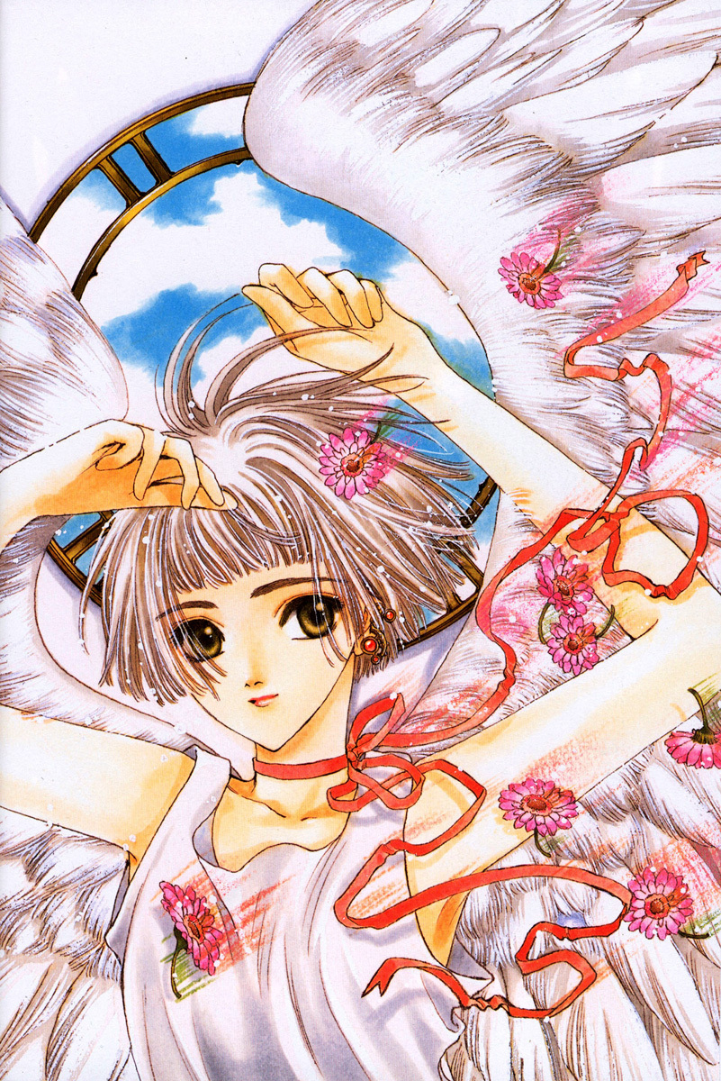 1girl arms_up blunt_bangs bob_cut clamp clover_(manga) female_focus flower green_hair highres official_art short_hair sky solo suu suu_(clover) traditional_media window