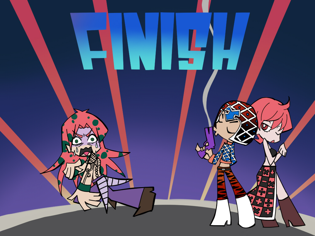 1girl 2boys diavolo guido_mista gun hat jojo_no_kimyou_na_bouken long_hair multiple_boys panty_&amp;_stocking_with_garterbelt parody pink_hair red_hair shaded_face smoke style_parody trish_una ukihashi weapon