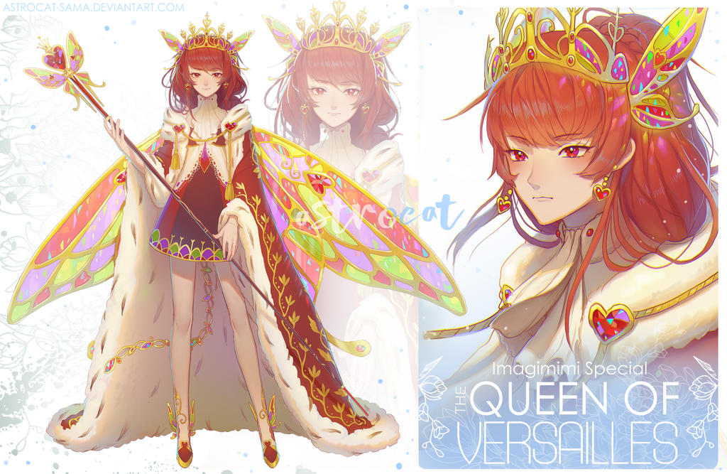 1girl adoptable artist_name ascot astrocatsama butterfly_hair_ornament butterfly_wings character_name reference_sheet cloak closed_mouth collared_shirt crown deviantart_username earrings english_text eyelashes floating_earring floral_print full_body fur-trimmed_cloak fur_trim gem hair_ornament heart heart-shaped_gem heart_earrings high_collar holding holding_staff insect_wings jewelry knees lace lace-trimmed_shirt lace_trim light_blush light_frown light_smile looking_ahead looking_at_viewer miniskirt multicolored_wings multiple_views original oversized_clothes pantyhose projected_inset red_cloak red_eyes red_footwear red_gemstone red_skirt shirt shoes simple_background skirt staff straight-on upper_body watermark white_ascot white_background white_pantyhose white_shirt wings yellow_headwear