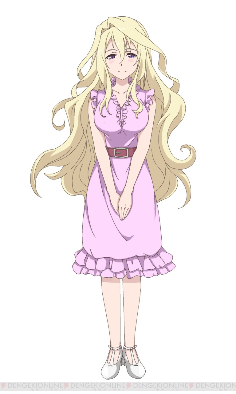 10s 1girl belt blonde_hair blush breasts claudia_enfield colored_skin dengeki dress female_focus full_body gakusen_toshi_asterisk highres kawakami_tetsuya large_breasts long_hair official_art purple_eyes simple_background smile solo white_skin