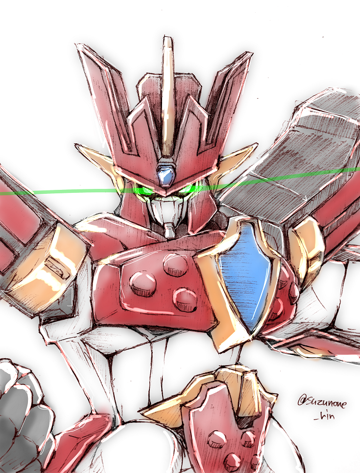 clenched_hand clenched_hands glowing glowing_eyes granzort looking_at_viewer madou_king_granzort mecha no_humans robot simple_background solo standing suzunone_rin twitter_username white_background