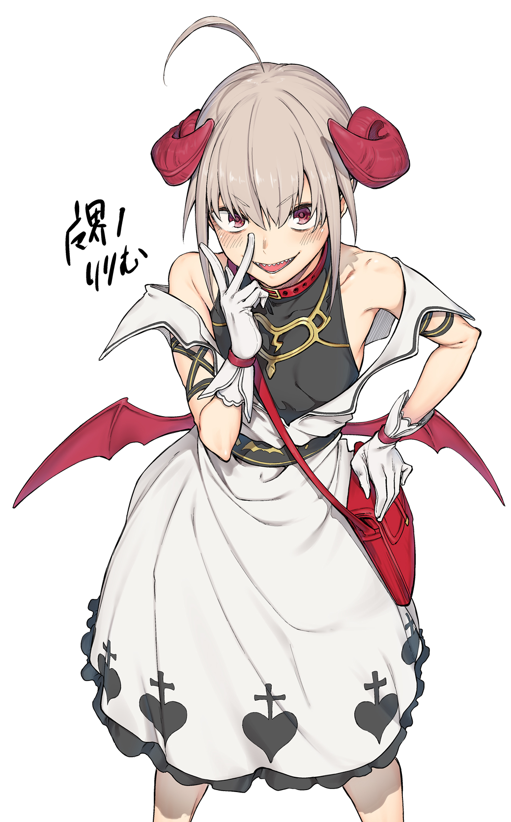 1girl ahoge bag bare_shoulders collar curled_horns demon_girl demon_horns demon_wings dress feet_out_of_frame female_focus gloves grey_hair grin handbag highres horns looking_at_viewer makaino_ririmu makaino_ririmu_(1st_costume) nijisanji off-shoulder_dress off_shoulder open_mouth red_collar red_eyes sharp_teeth short_hair sidelocks simple_background smile solo spirytus_tarou teeth undershirt v virtual_youtuber white_background white_gloves wings