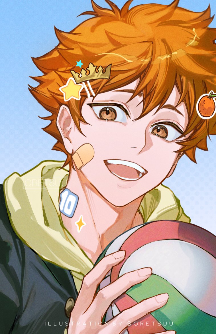 1boy artist_name ball bandaid bandaid_on_face black_jacket commentary food fruit haikyuu!! hair_between_eyes hair_ornament hinata_shouyou holding holding_ball hood hood_down hoodie jacket looking_to_the_side male_focus open_mouth orange_(fruit) orange_eyes orange_hair oretsuu sideways_glance solo star_(symbol) sticker sticker_on_hair teeth upper_body volleyball yellow_hoodie