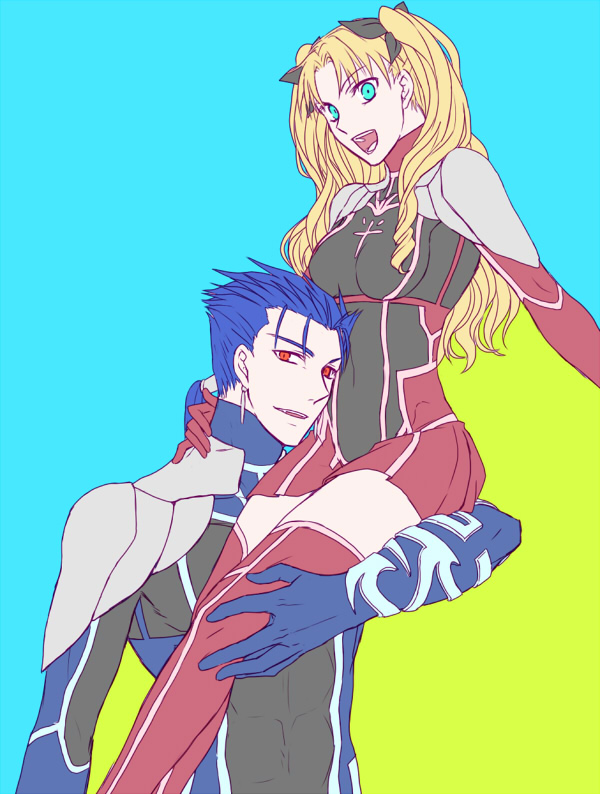 10s 1boy 1girl abs adapted_costume aqua_eyes arm_around_neck bad_id bad_pixiv_id blonde_hair blue_eyes blue_hair bodysuit carrying cross cu_chulainn_(fate) cu_chulainn_(fate/extra) cu_chulainn_(fate/stay_night) earrings fate/extra fate/extra_last_encore fate/stay_night fate_(series) flat_color gloves hair_ribbon jewelry long_hair looking_at_viewer miniskirt official_alternate_costume ooka open_mouth pleated_skirt ponytail red_thighhighs ribbon short_hair shoulder_carry simple_background sitting skirt smile spiked_hair thighhighs tohsaka_rin tohsaka_rin_(fate/extra) tohsaka_rin_(lancer) tohsaka_rin_(true_appearance)_(fate/extra) turtleneck two_side_up wavy_hair zettai_ryouiki