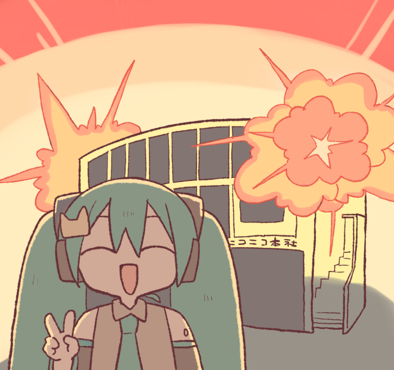 1girl ^_^ backlighting blue_hair blue_necktie building closed_eyes collared_shirt commentary_request detached_sleeves explosion explosion_gag facing_viewer gomahichi grey_shirt hair_ornament hand_up hatsune_miku headphones necktie niconico niconico_headquarters_(harajuku) number_tattoo red_background shirt shoulder_tattoo sleeveless sleeveless_shirt smile solo tattoo twintails upper_body v vocaloid