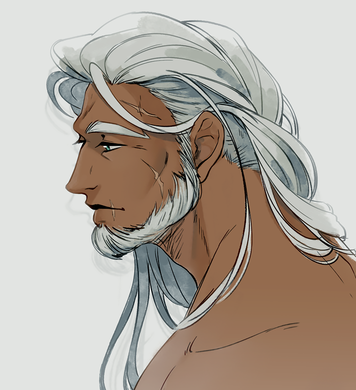 1boy alternate_hair_length alternate_hairstyle beard closed_mouth commentary dark-skinned_male dark_skin dedue_molinaro dedue_molinaro_(timeskip) english_commentary facial_hair fire_emblem fire_emblem:_three_houses green_eyes grey_background long_hair looking_ahead male_focus nintendo nude profile ruebird scar scar_on_face scar_on_mouth simple_background solo thick_eyebrows upper_body white_hair