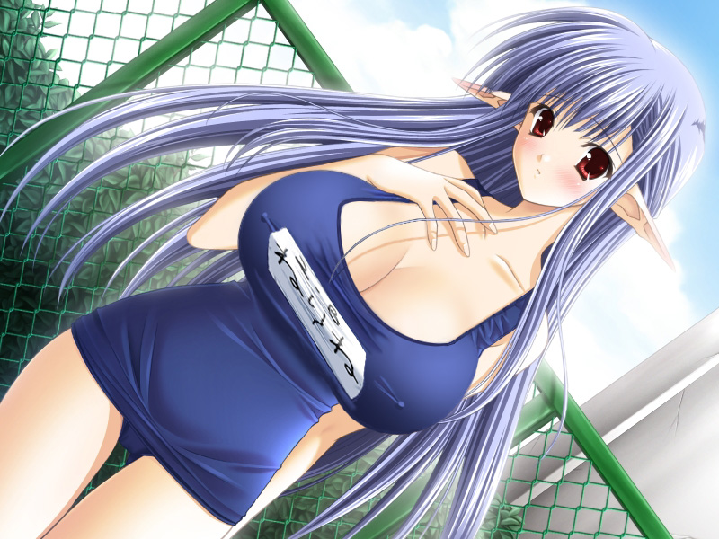 00s 1girl blue_hair breasts covered_erect_nipples dutch_angle female_focus game_cg huge_breasts long_hair nerine one-piece_swimsuit outdoors pointy_ears red_eyes school_swimsuit shuffle! sky solo swimsuit third-party_edit