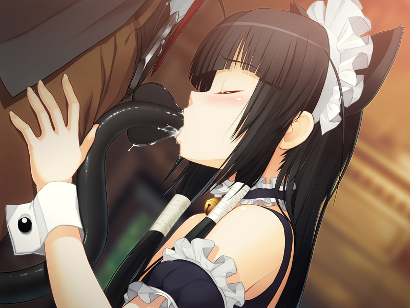 1girl animal_ears bell black_hair blush cat_ears closed_eyes collar cum cum_in_mouth cum_in_pussy ejaculation game_cg jingle_bell long_hair maid neck_bell nitroplus oki_kiki oral saliva solo_focus sumaga tail tentacles tsuji_santa very_long_hair wrist_cuffs