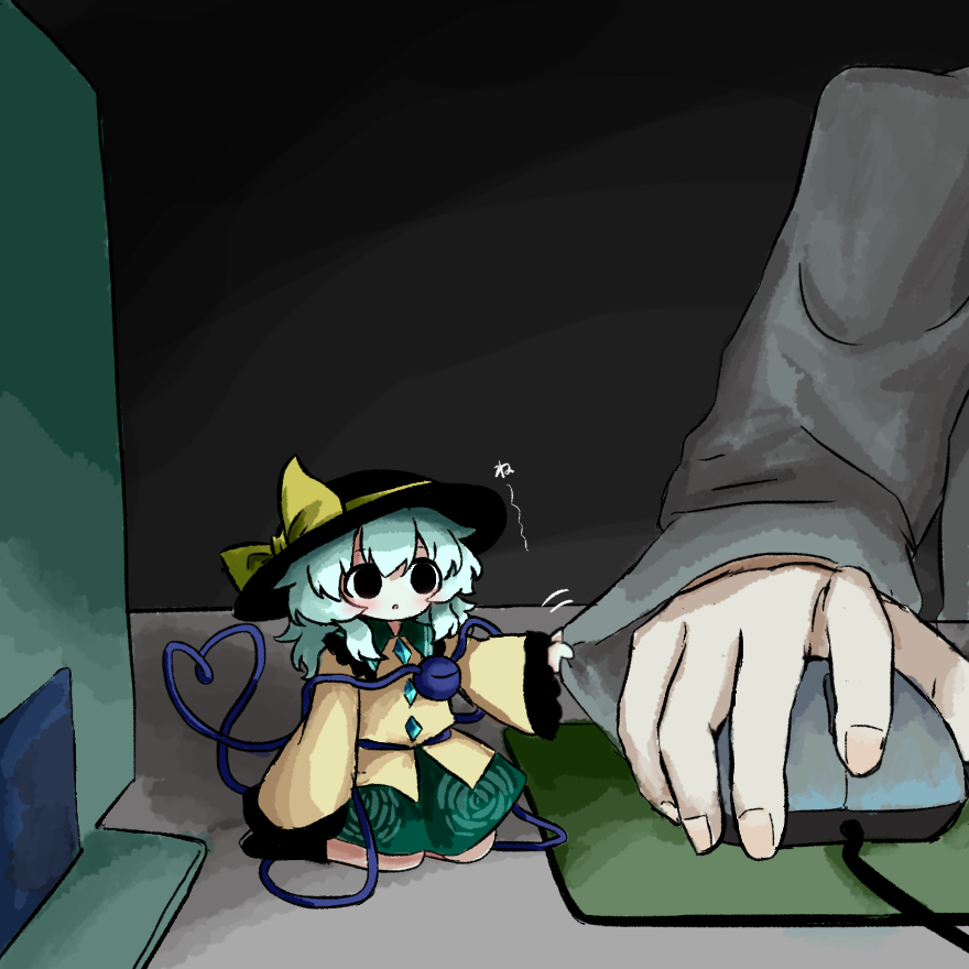 1girl 1other :o black_eyes black_hat bow buttons clothes_grab commentary_request computer computer_mouse contrast_collar diamond_button floral_print frilled_shirt_collar frills green_hair green_skirt grey_background grey_shirt hat hat_bow hat_ribbon heart heart_of_string heripantomorrow komeiji_koishi long_sleeves medium_hair mini_person minigirl mousepad_(object) parted_lips print_skirt ribbon rose_print seiza shirt sitting skirt sleeve_grab third_eye touhou translation_request wide_sleeves yellow_bow yellow_ribbon