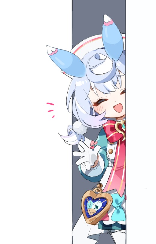 1girl :d ^_^ animal_ears apron aqua_bow aqua_shirt blue_hair blush bow bowtie brooch buttons closed_eyes commentary_request crossed_bangs genshin_impact gloves gradient_hair grey_background hair_between_eyes hair_ornament hand_up hat heart jewelry long_sleeves low_twintails meda_cha medium_hair multicolored_hair notice_lines nurse_cap open_mouth peeking_out pink_bow pom_pom_(clothes) pom_pom_hair_ornament puffy_long_sleeves puffy_sleeves purple_hair red_bow red_bowtie shirt sidelocks sigewinne_(genshin_impact) simple_background smile solo standing twintails waving white_apron white_background white_gloves white_hat