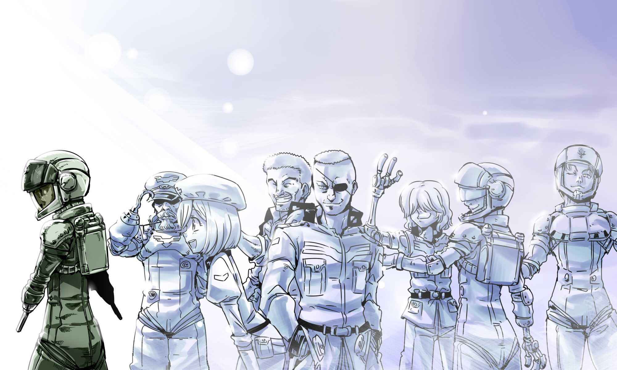 10s 1girl 6+boys beard daryl_lorenz eyepatch facial_hair fisher_ness gundam gundam_thunderbolt hat highres hook_hand hoover_(gundam_thunderbolt) keith_meyers layton_(gundam_thunderbolt) military military_uniform multiple_boys mustache prosthesis prosthetic_arm sean_mitadera tukiwani