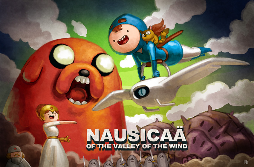 2boys 2girls 6+others adventure_time aircraft artist_logo belt brown_hair cloud cloudy_sky copyright_name crossover dress finn_the_human flying fmu glider green_sky jake_the_dog kaze_no_tani_no_nausicaa kurotowa kushana logo multiple_boys multiple_girls multiple_others nausicaa no_nose ohmu open_mouth sky teeth teto_(nausicaa) tiara upper_teeth_only v-shaped_eyebrows white_dress